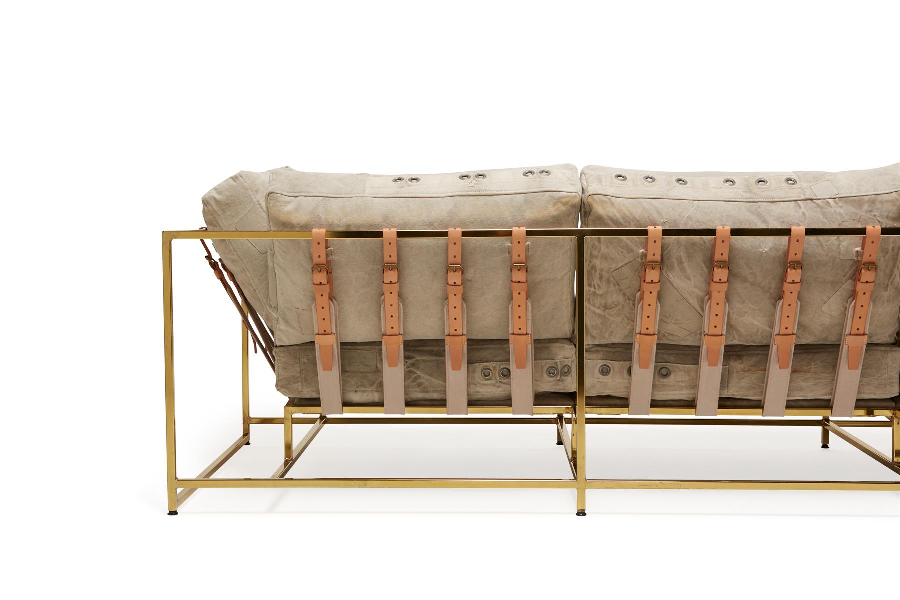 American US Mailbag Canvas & Polished Brass Sofa For Sale