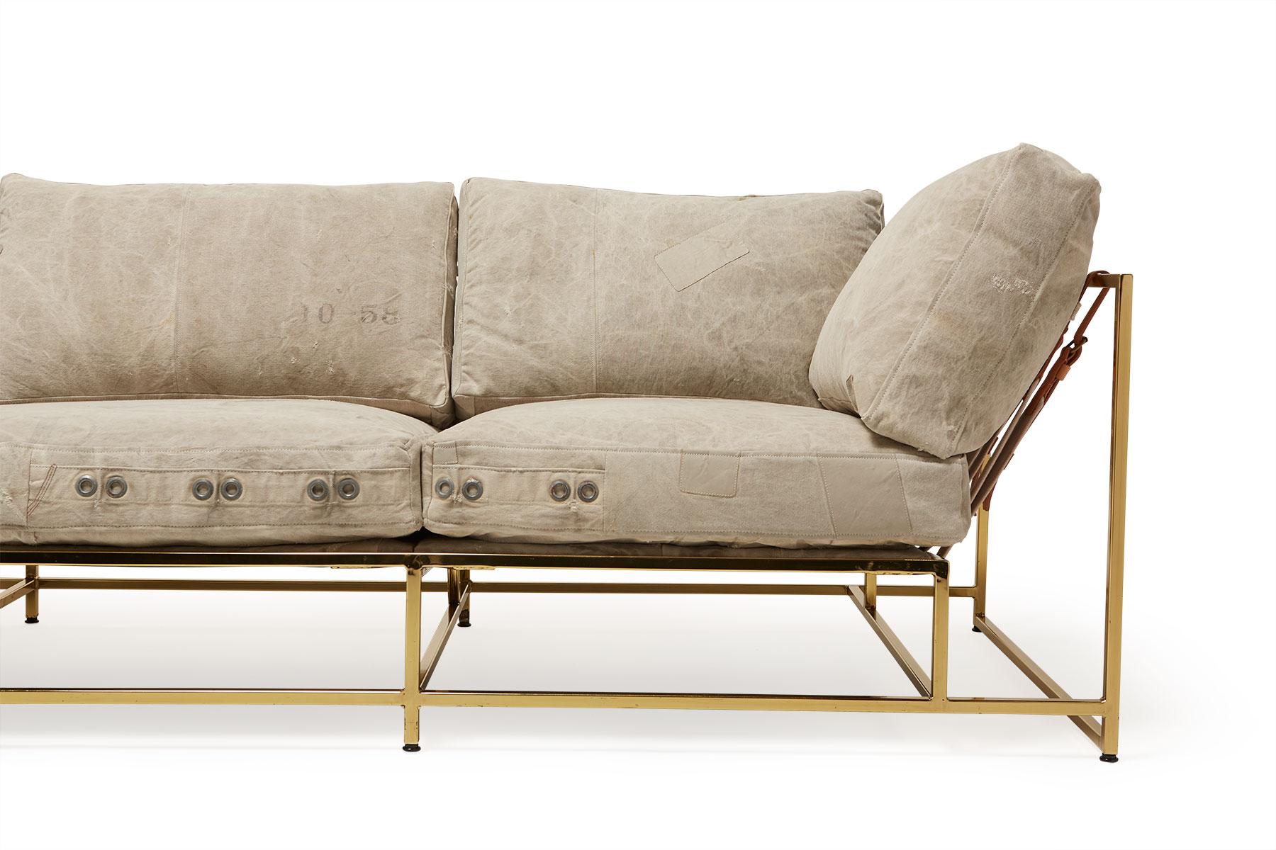 Welded US Mailbag Canvas & Polished Brass Sofa For Sale