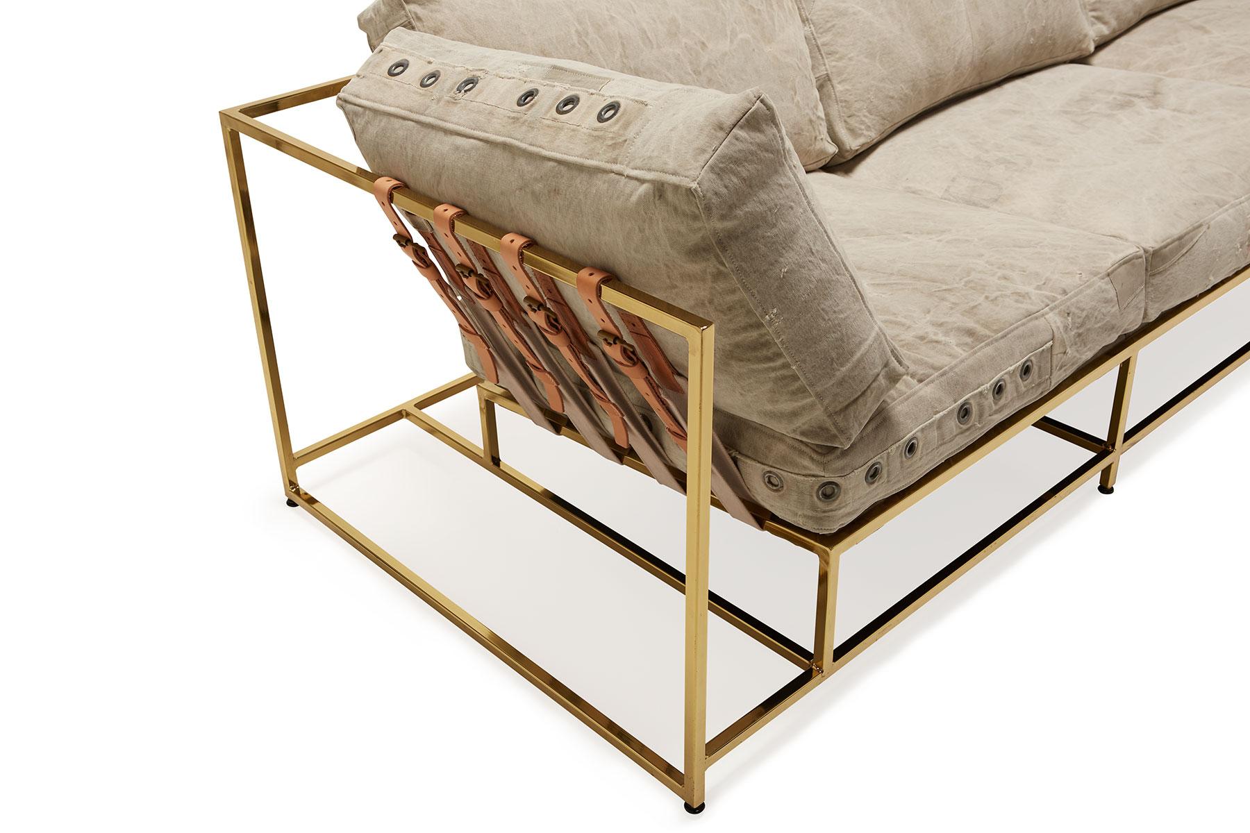 US Mailbag Canvas & Polished Brass Sofa In New Condition For Sale In Los Angeles, CA