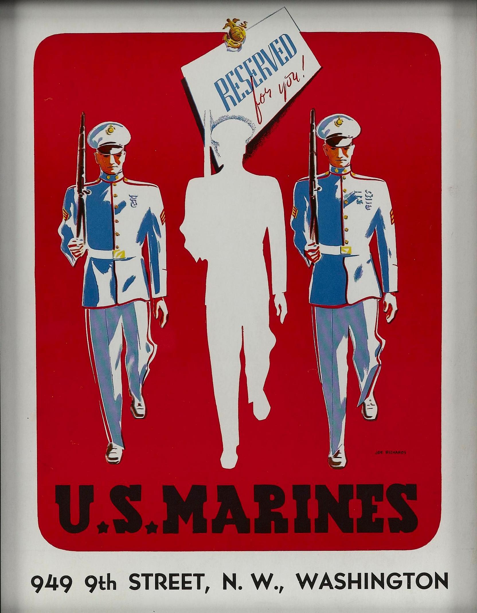Il s'agit d'une affiche originale de recrutement des Marines de la Seconde Guerre mondiale, conçue par Joe Richards. L'affiche, une lithographie en couleur, a été publiée le 28 novembre 1941, moins de 10 jours avant l'attaque de Pearl