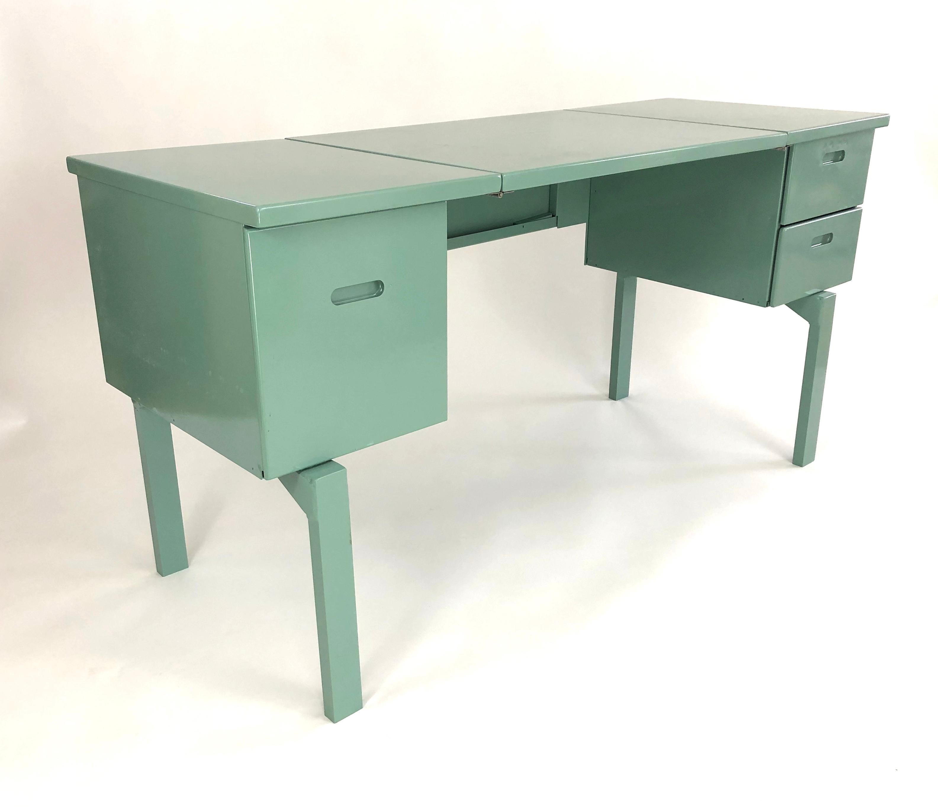 Art Deco US Military Vintage Folding Celadon Green Painted Metal Field Desk