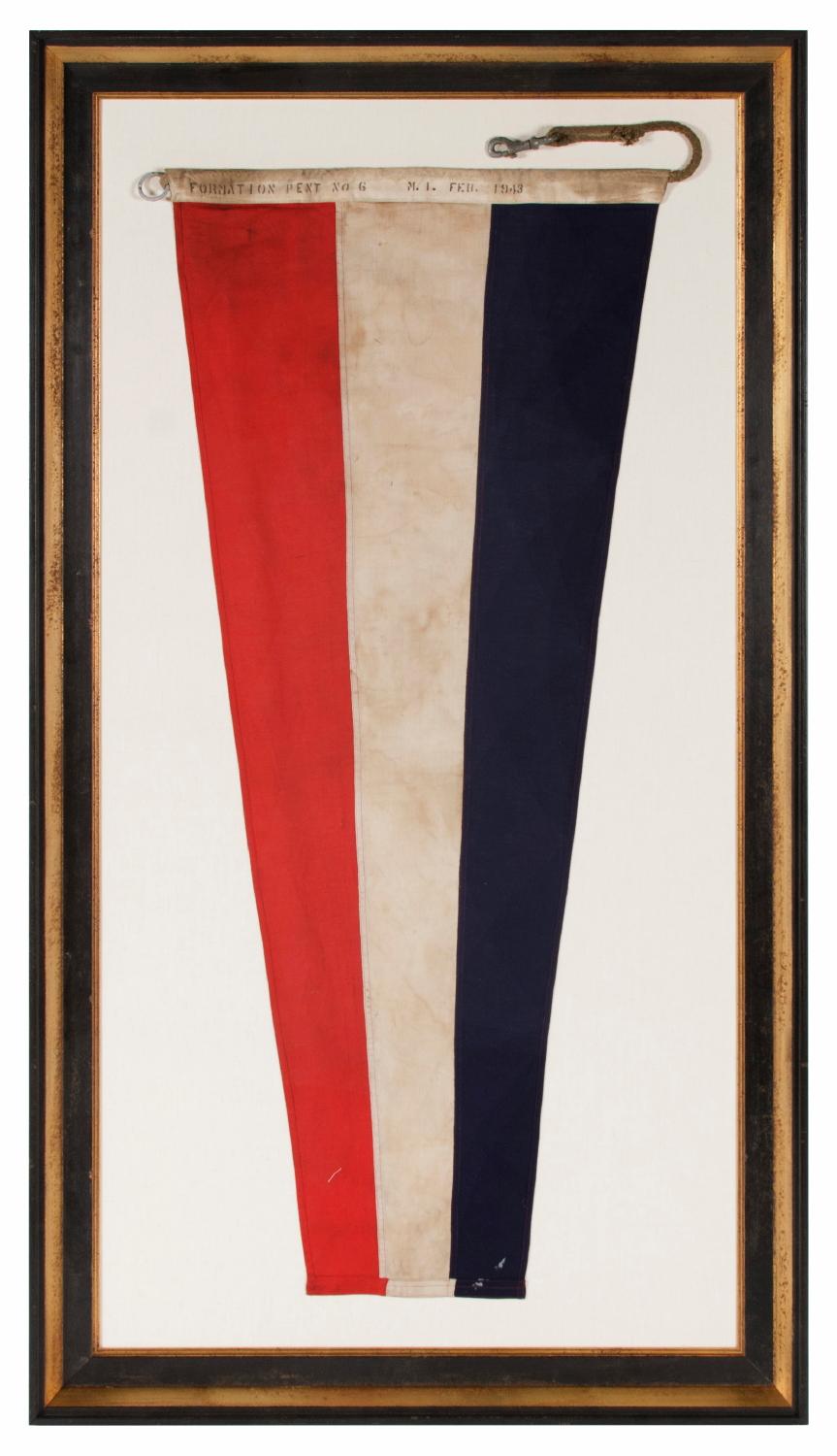 U.S. NAVY FORMATION PENNANT, MADE AT MARE ISLAND, CALIFORNIA DURING WWII, SIGNED AND DATED 1943 

U.S. Navy formation pennant, made during World War II (U.S. involvement 1941-45) and signed along the reverse side of the hoist with a black stencil
