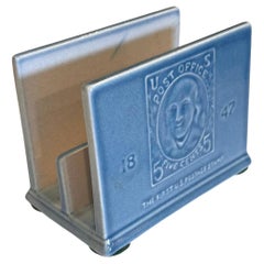 "US Stamp Anniversary Letter Rack", Art Deco Porcelain in Sky Blue by Rookwood