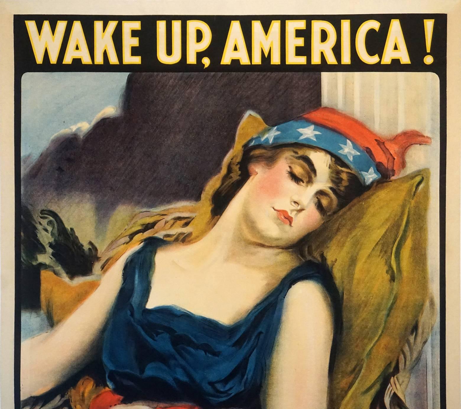 Wake Up America is one of the best and rarest of all of the WWI posters. James Montgomery Flagg, the artist, shows Colombia (or the personification given to the ‘Americas’, or the ‘New World’), napping in Red, White & Blue, as if in false security