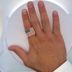 USA Flag Ruby Sapphire Diamond Pave 14K Gold Men Signet Statement Ring