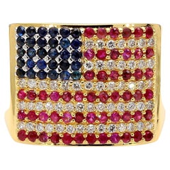 USA Flag Ruby Sapphire Diamond Pave 14K Gold Men Signet Statement Ring