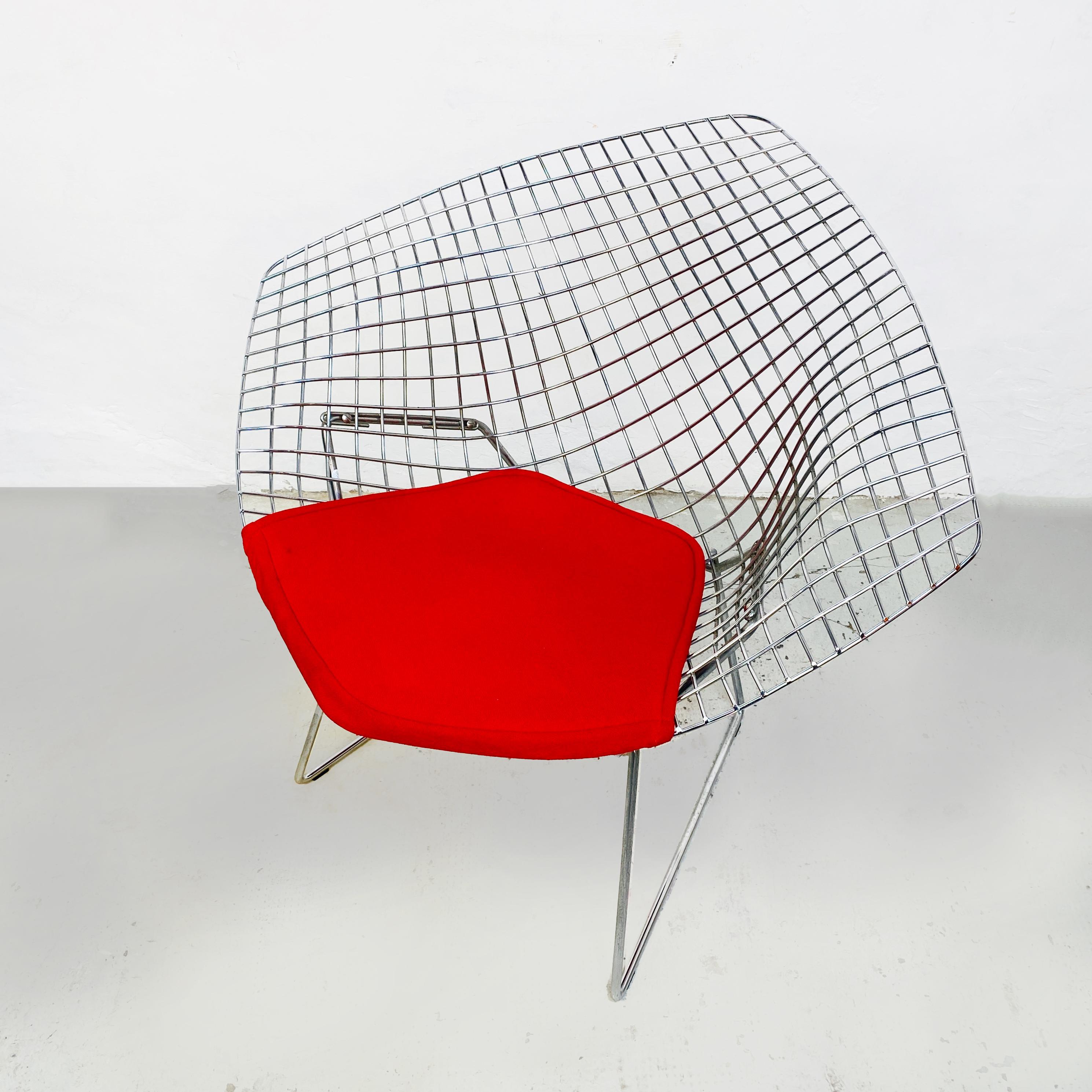 American Mid-Century Red Cushion and Steel Diamond Armchair by Bertoia for Knoll, 1970s For Sale
