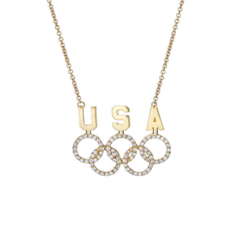 USA Olympic Rings Diamond Necklace Vintage 18k Gold Patriotic Name