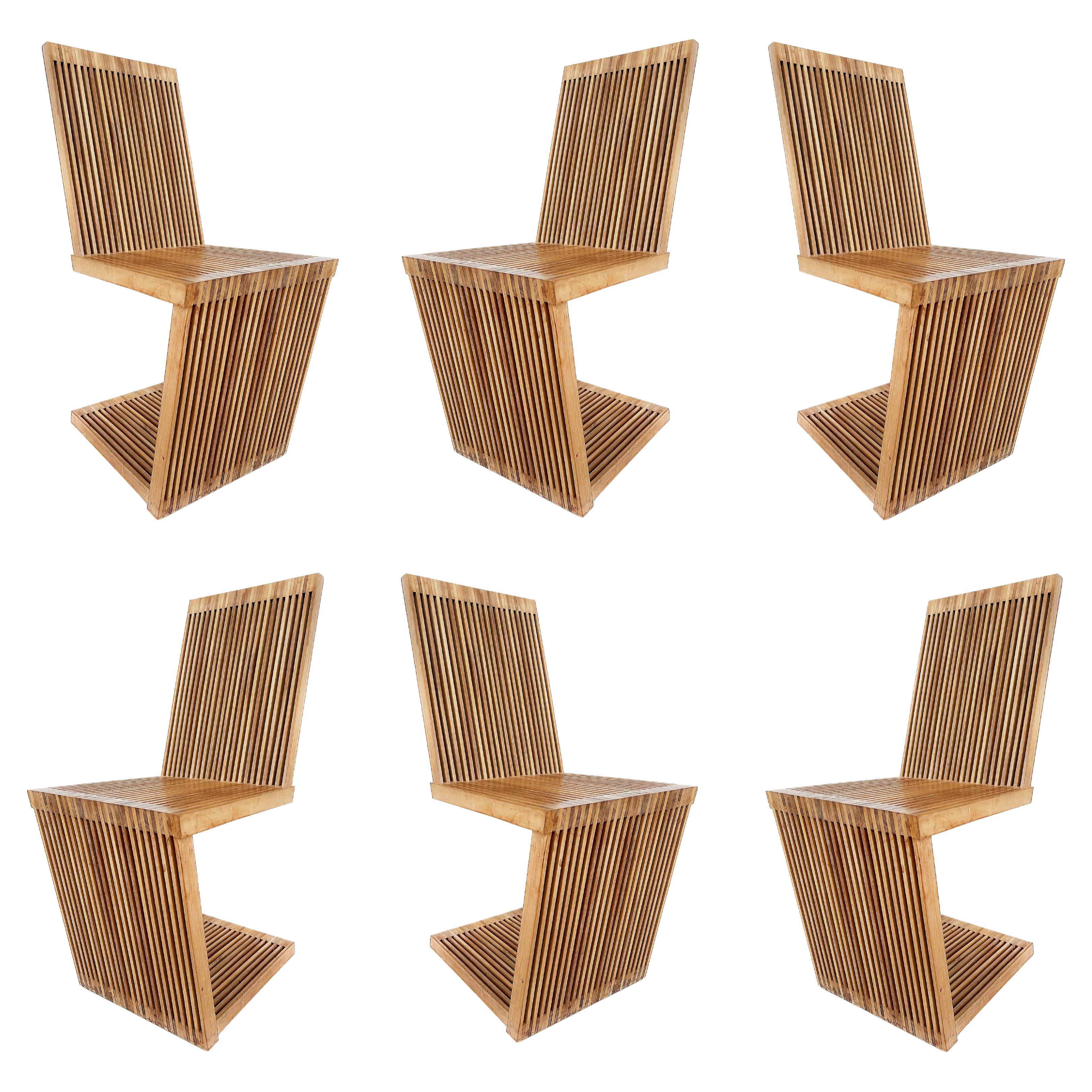 USA Slatted Wood Cantilevered Zig-Zag Dining Chairs, Set of 6 For Sale
