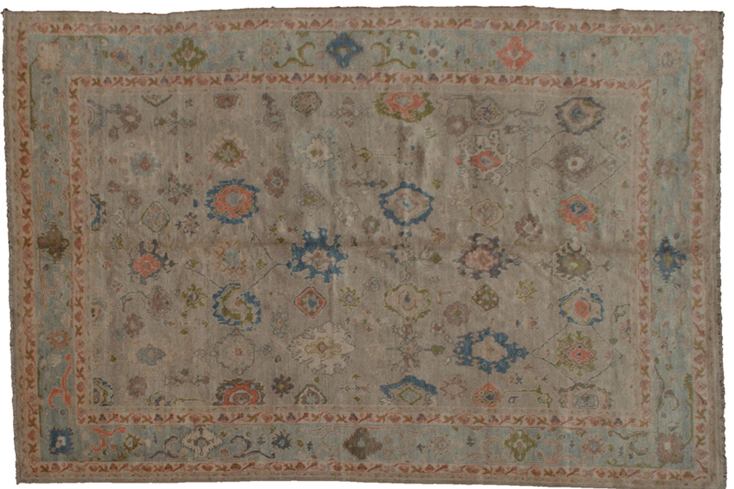 This is a production of Ushak with natural dyes and handspun wool. To achieve the original Ushak look it has an authentic Ushak weave.  The result is this spectacular piece with all over Harchang design, with a taupe field and a duck egg blue