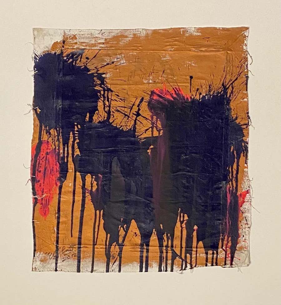"Blue and Pink on Gold, " Acrylic Paint on Canvas - Abstract Boxing painting