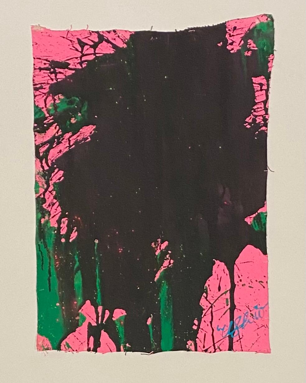 Ushio Shinohara Abstract Painting - "Emerald Green and Black on Pastel Pink, " Acrylic on Canvas - Abstract painting