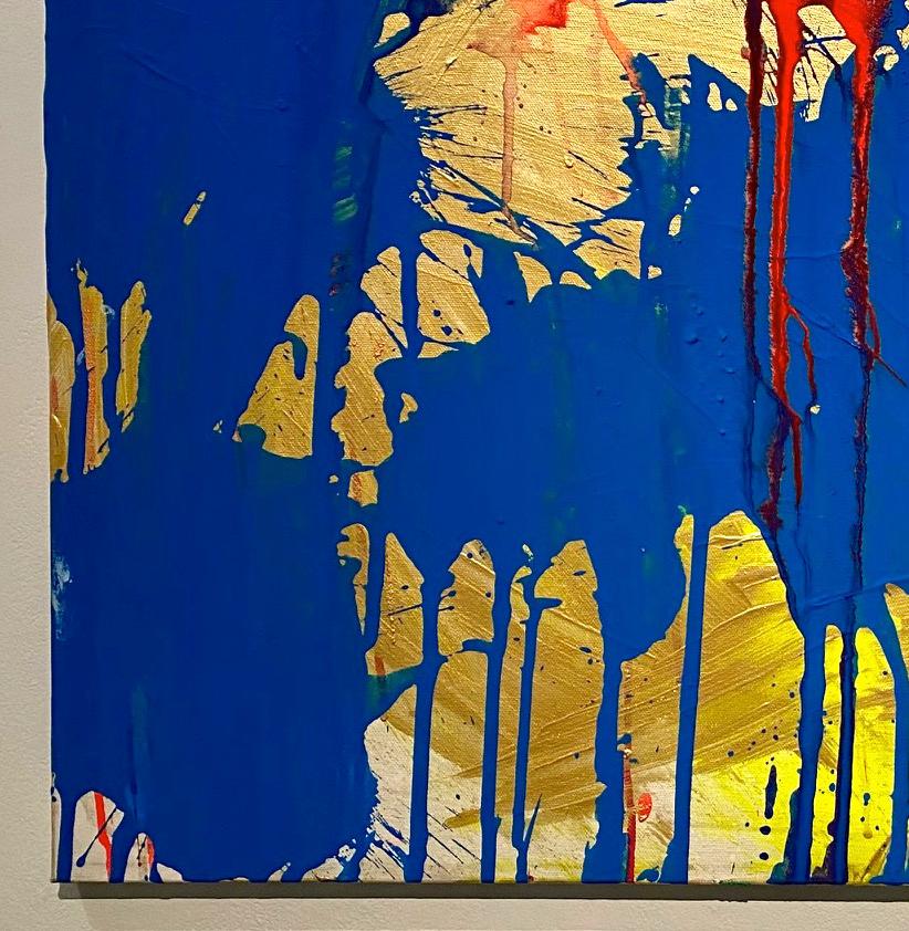 « Red and Blue on Gold », peinture acrylique sur toile - Peinture abstraite de boxe - Abstrait Painting par Ushio Shinohara