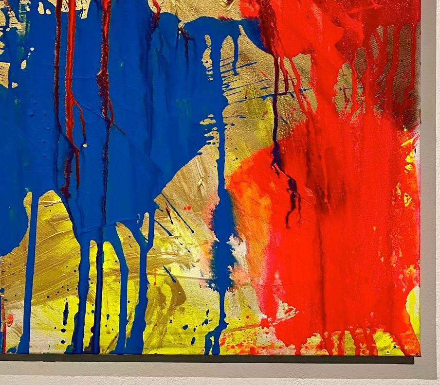 « Red and Blue on Gold », peinture acrylique sur toile - Peinture abstraite de boxe - Marron Abstract Painting par Ushio Shinohara