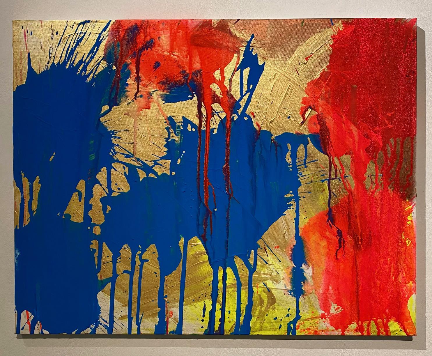 Abstract Painting Ushio Shinohara - « Red and Blue on Gold », peinture acrylique sur toile - Peinture abstraite de boxe