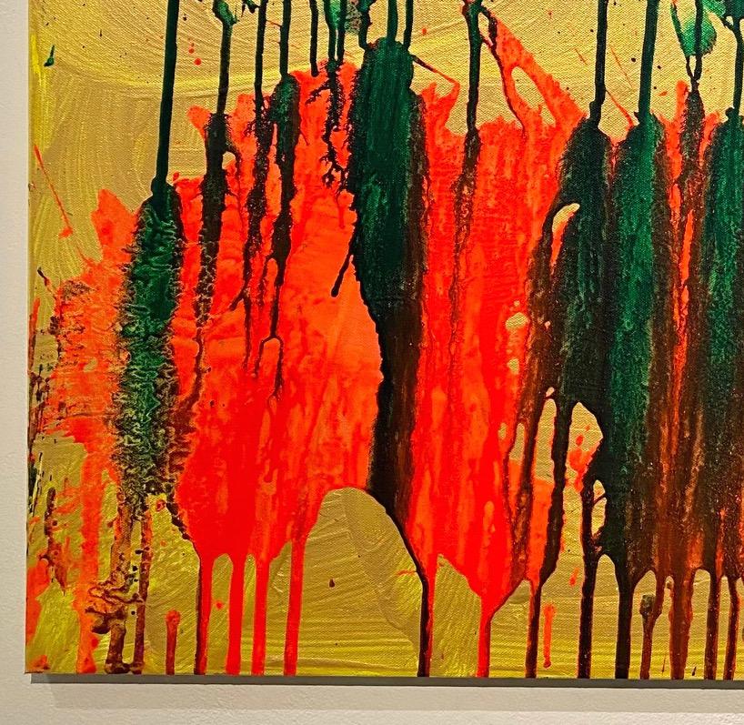 « Red and Green on Gold », acrylique sur toile - peinture abstraite de boxe - Abstrait Painting par Ushio Shinohara