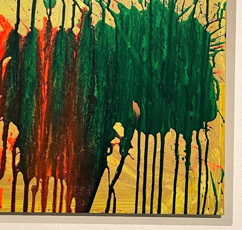 « Red and Green on Gold », acrylique sur toile - peinture abstraite de boxe - Beige Abstract Painting par Ushio Shinohara