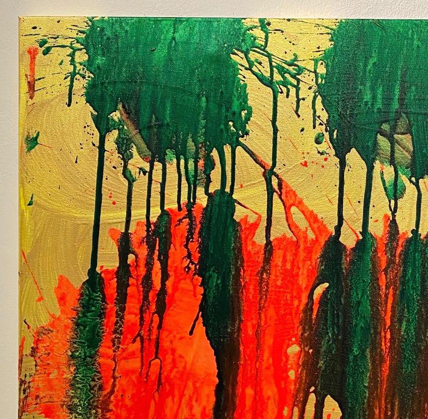 Red and green together on a gold background features an explosive contrast, resembling a display of fireworks which effectively reflect Ushio Shinohara's attitude in the studio.

In 1960 Ushio Shinohara helped found the Neo-Dadaism Organizers. Their