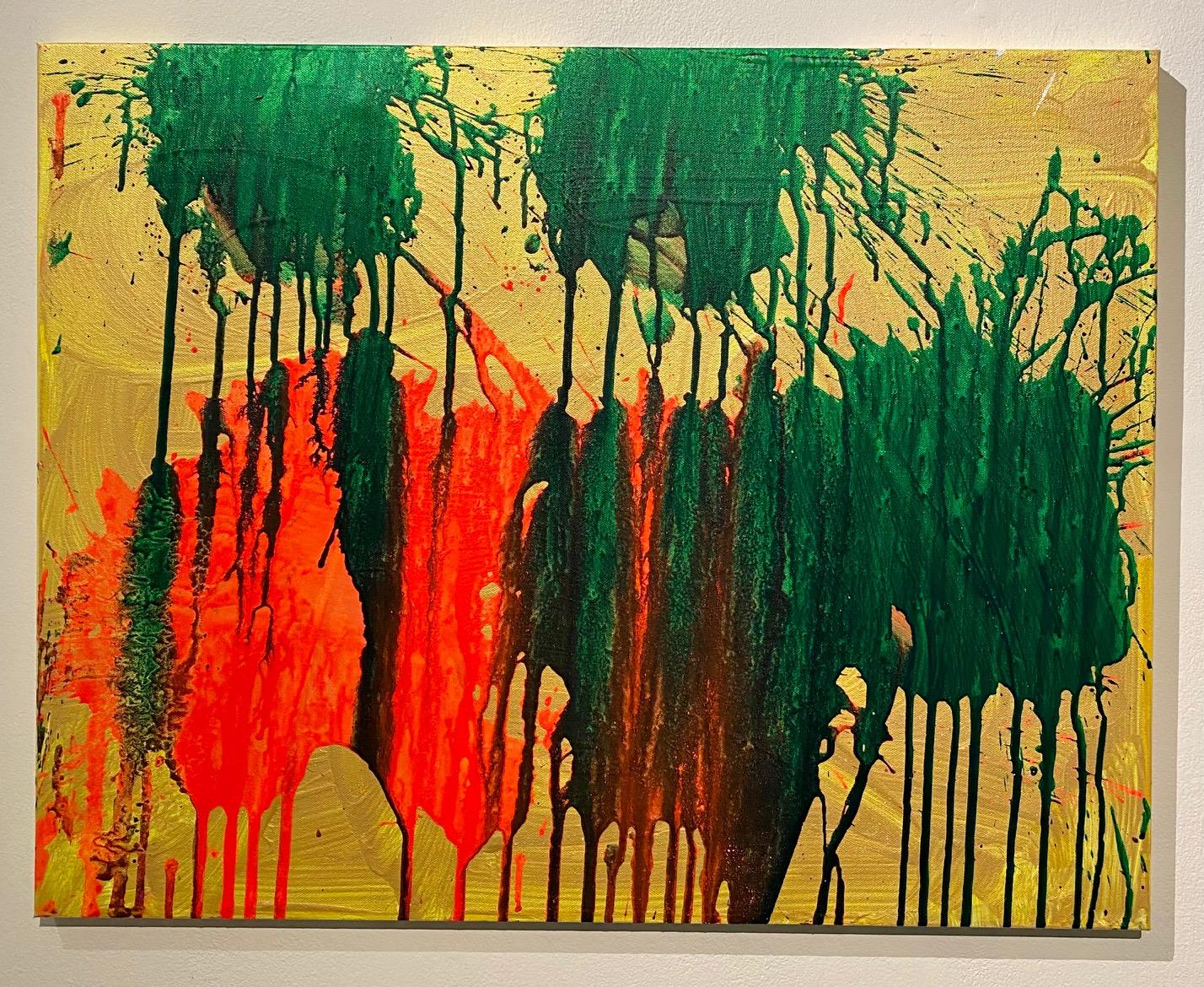Abstract Painting Ushio Shinohara - « Red and Green on Gold », acrylique sur toile - peinture abstraite de boxe