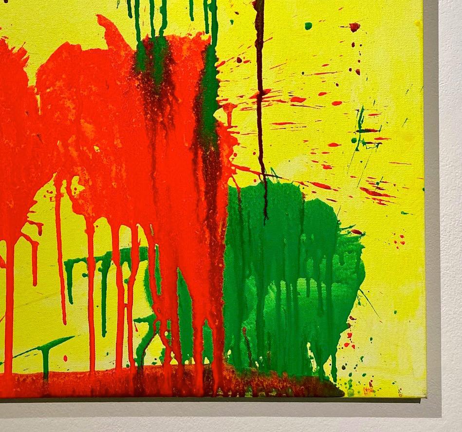 « Red and Green on Yellow », peinture acrylique sur toile - Peinture abstraite de boxe - Marron Abstract Painting par Ushio Shinohara