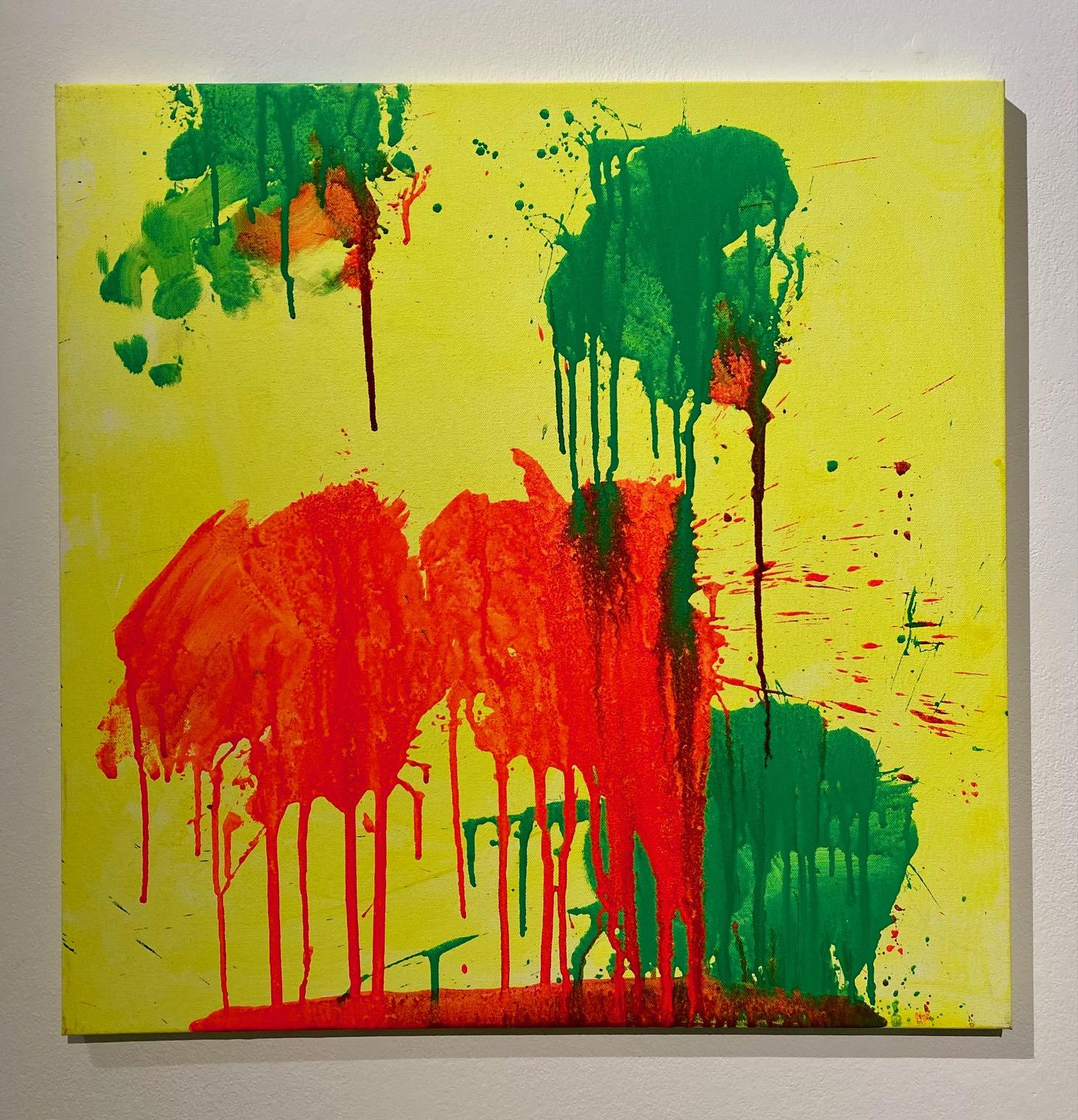 Ushio Shinohara Abstract Painting - "Red and Green on Yellow, " Acrylic Paint on Canvas - Abstract Boxing painting