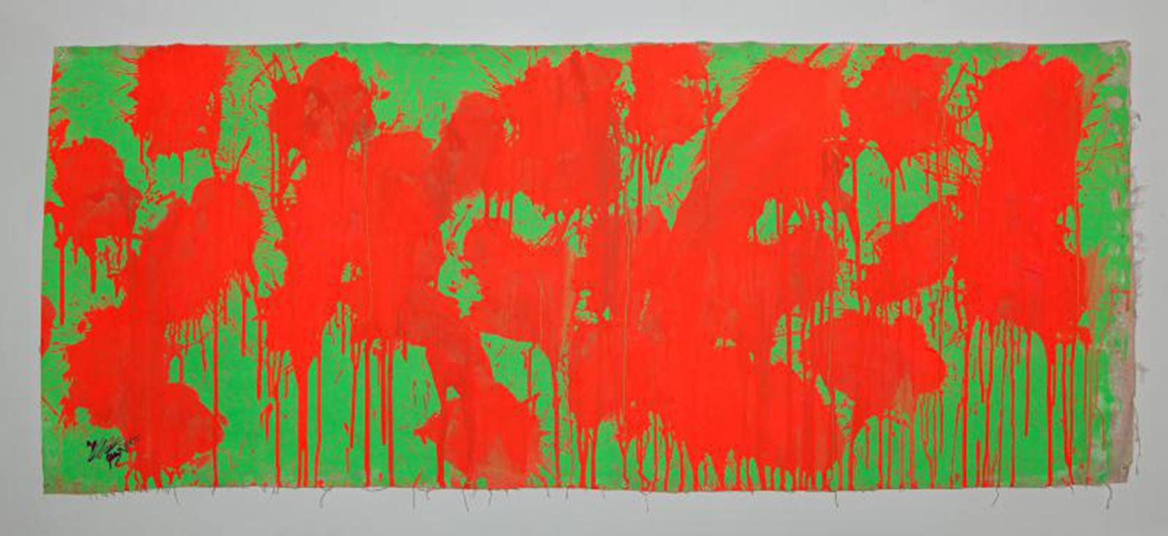 Ushio Shinohara Abstract Painting - "Red on Green – May 28, 2009, " Acrylic on Canvas - Abstract Boxing painting