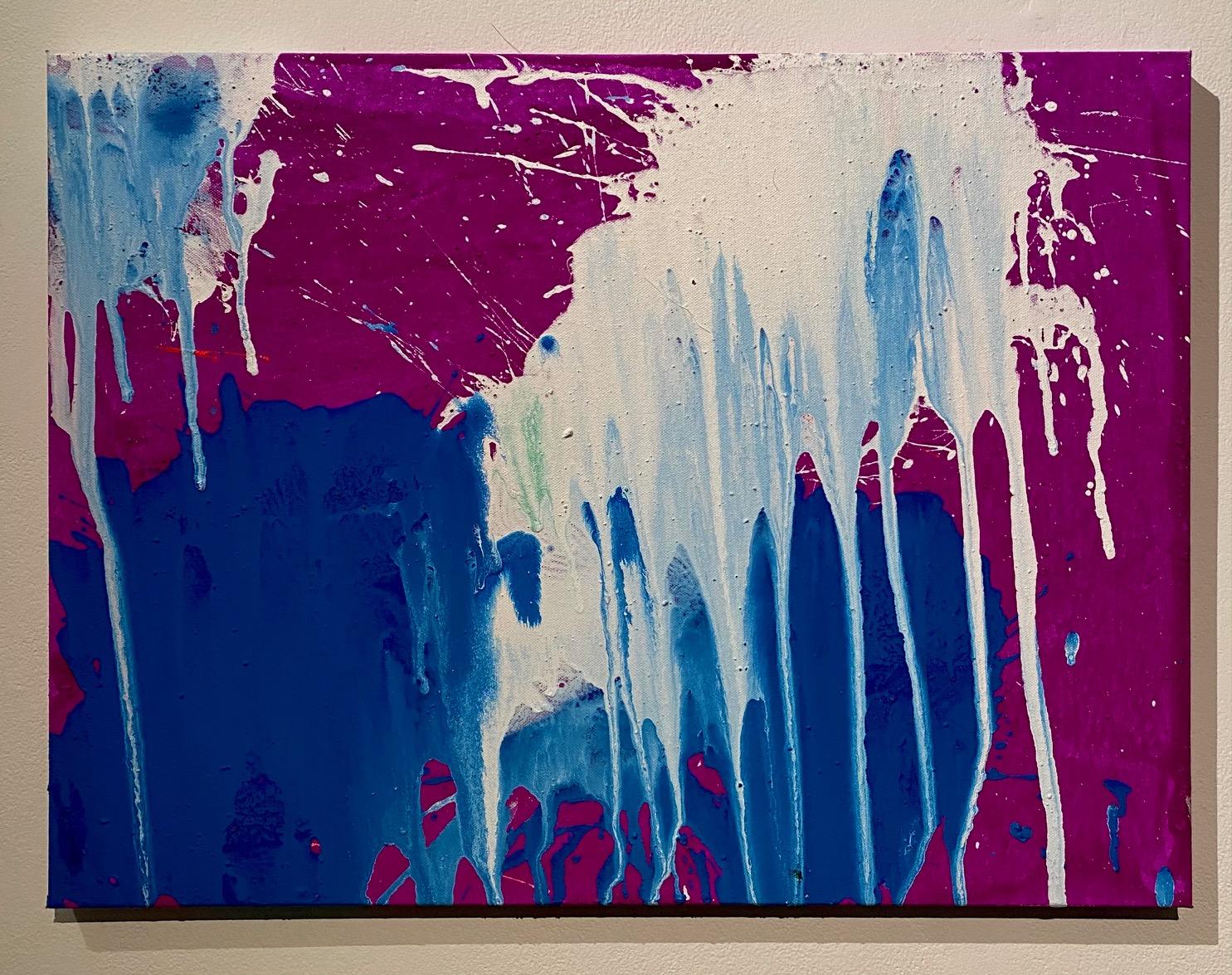 Abstract Painting Ushio Shinohara - « Blanc et bleu sur violet », acrylique sur toile - peinture abstraite de boxe