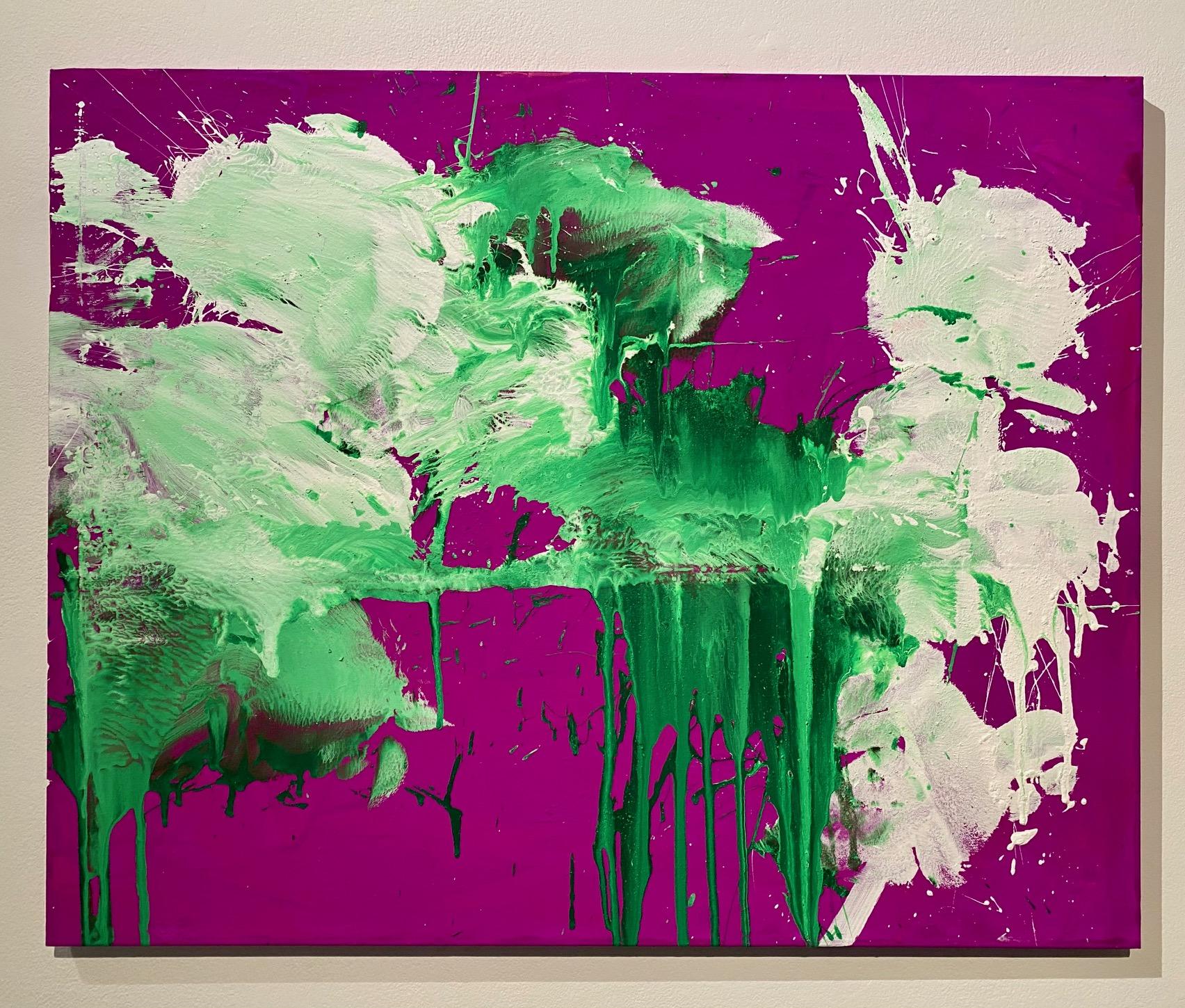 Abstract Painting di Ushio Shinohara - "Bianco e Verde su Viola  (A), " Acrilico su tela - Pittura astratta di boxe