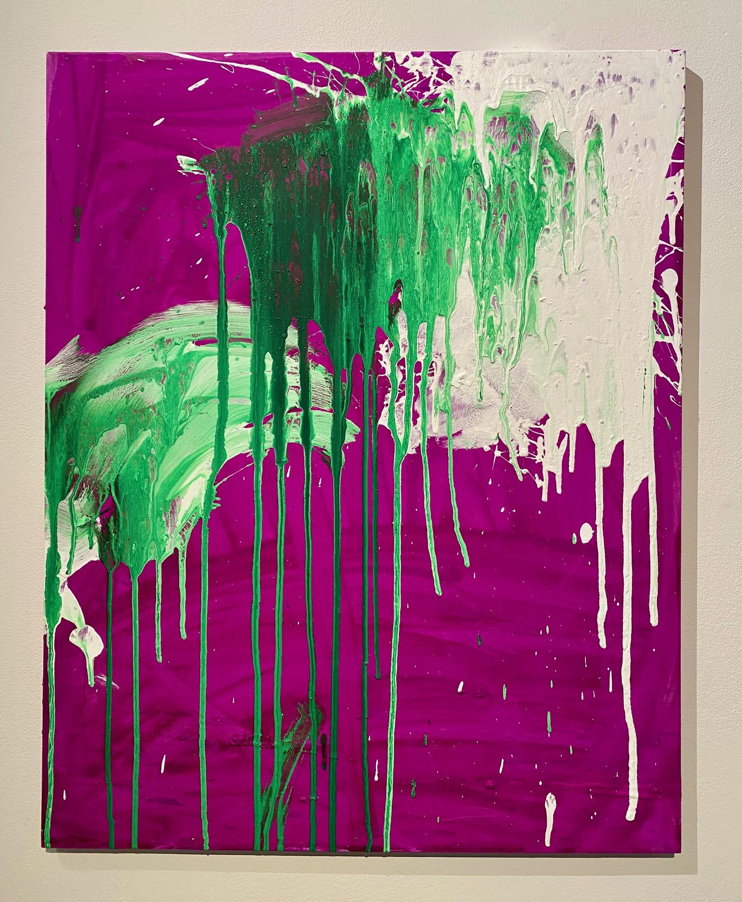 Ushio Shinohara Abstract Painting - "White and Green on Violet (B), " Acrylic Painting on Canvas - Boxing painting