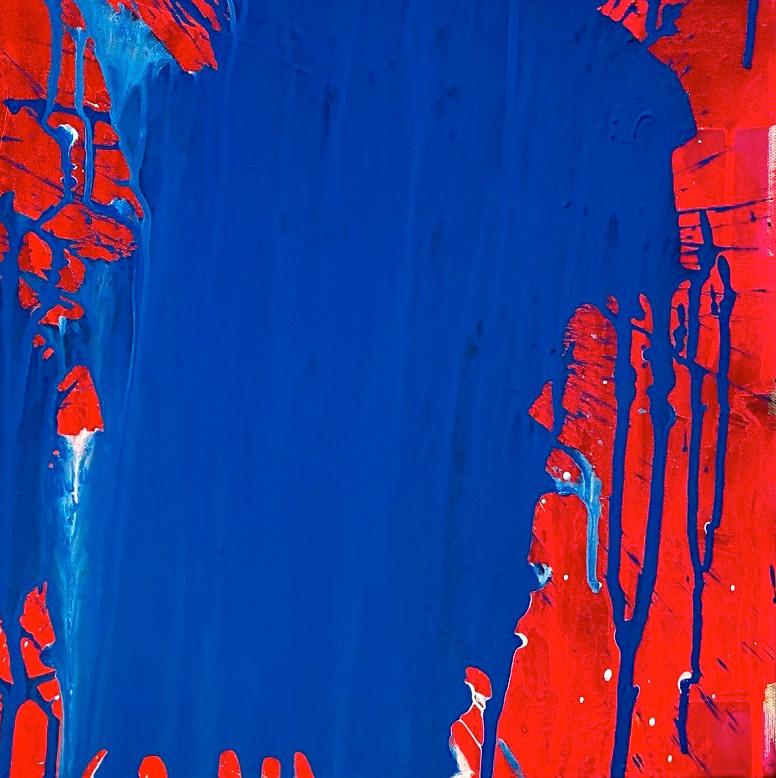 « Blanc, rouge et bleu », peinture acrylique sur toile - Peinture abstraite de boxe - Rouge Abstract Painting par Ushio Shinohara