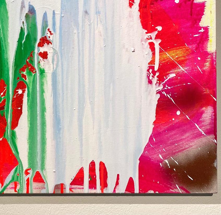 Peinture à l'acrylique sur toile - Peinture abstraite de boxe White, Red and Green - Beige Abstract Painting par Ushio Shinohara