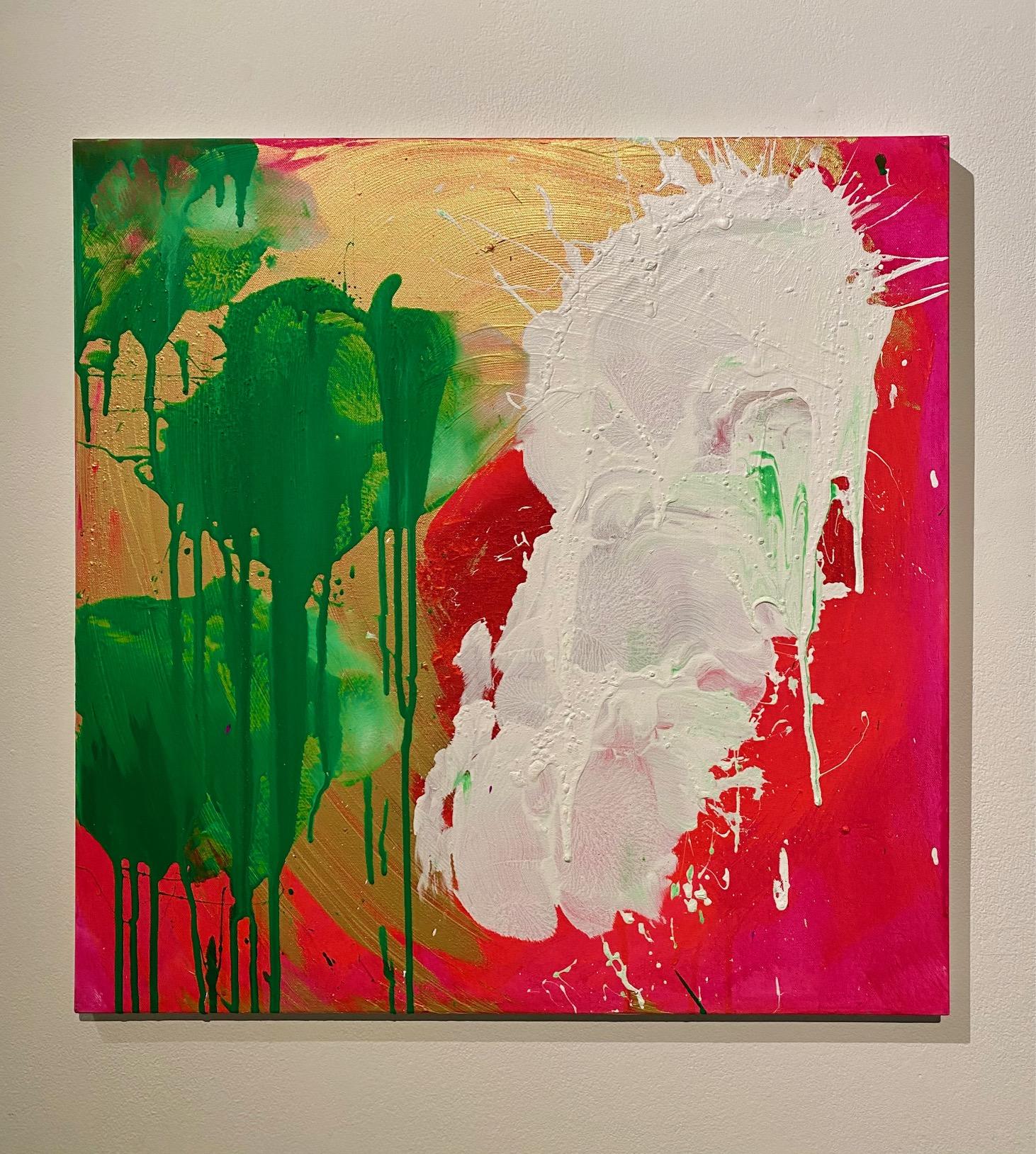 Abstract Painting de Ushio Shinohara - "Blanco, rojo, verde y dorado, " Pintura acrílica sobre lienzo - Pintura de boxeo