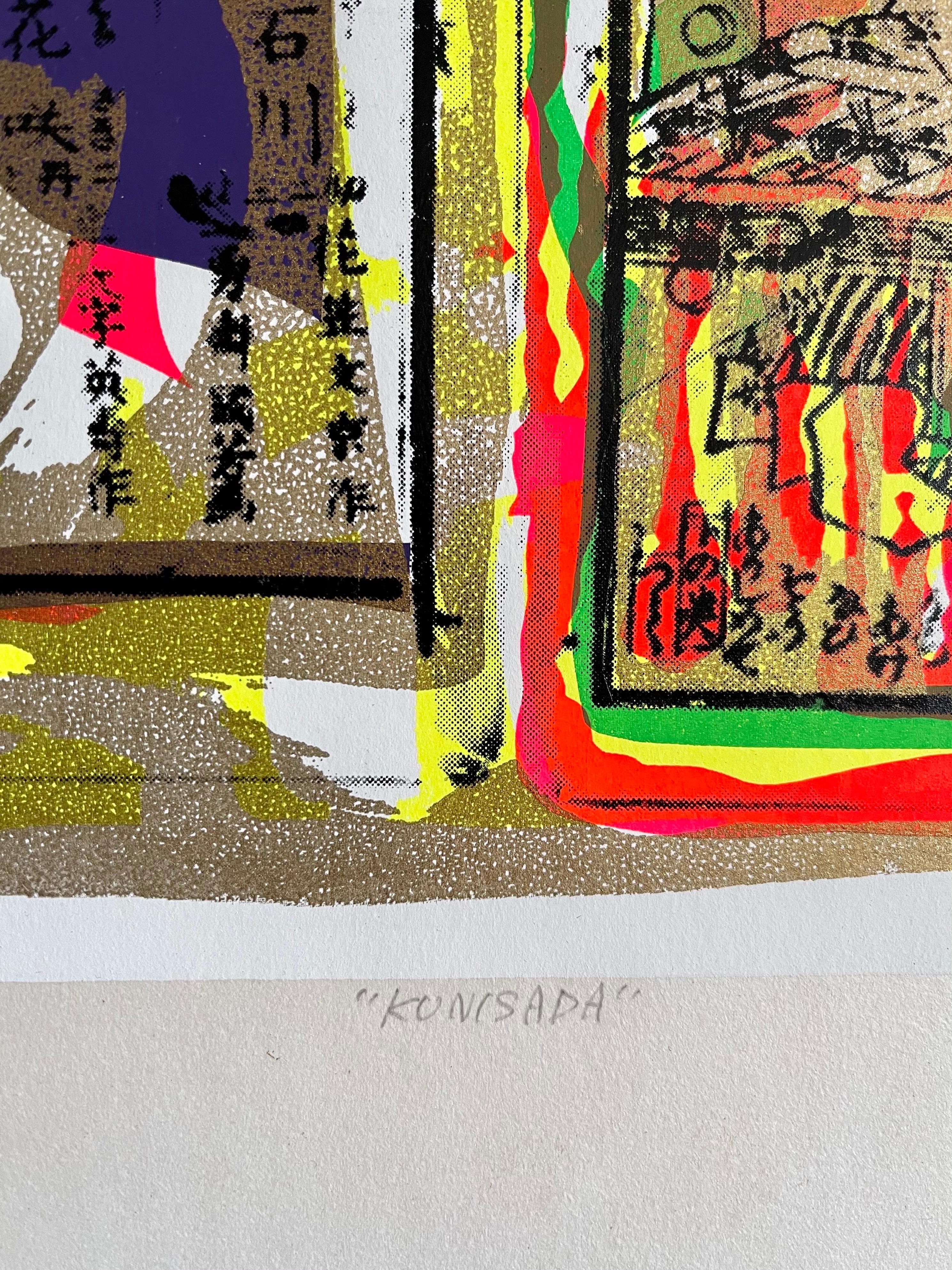 Serigrafia Day Glo Fluorescente Anni '60 Stampa Pop Art Giapponese Samurai Kimono in vendita 2