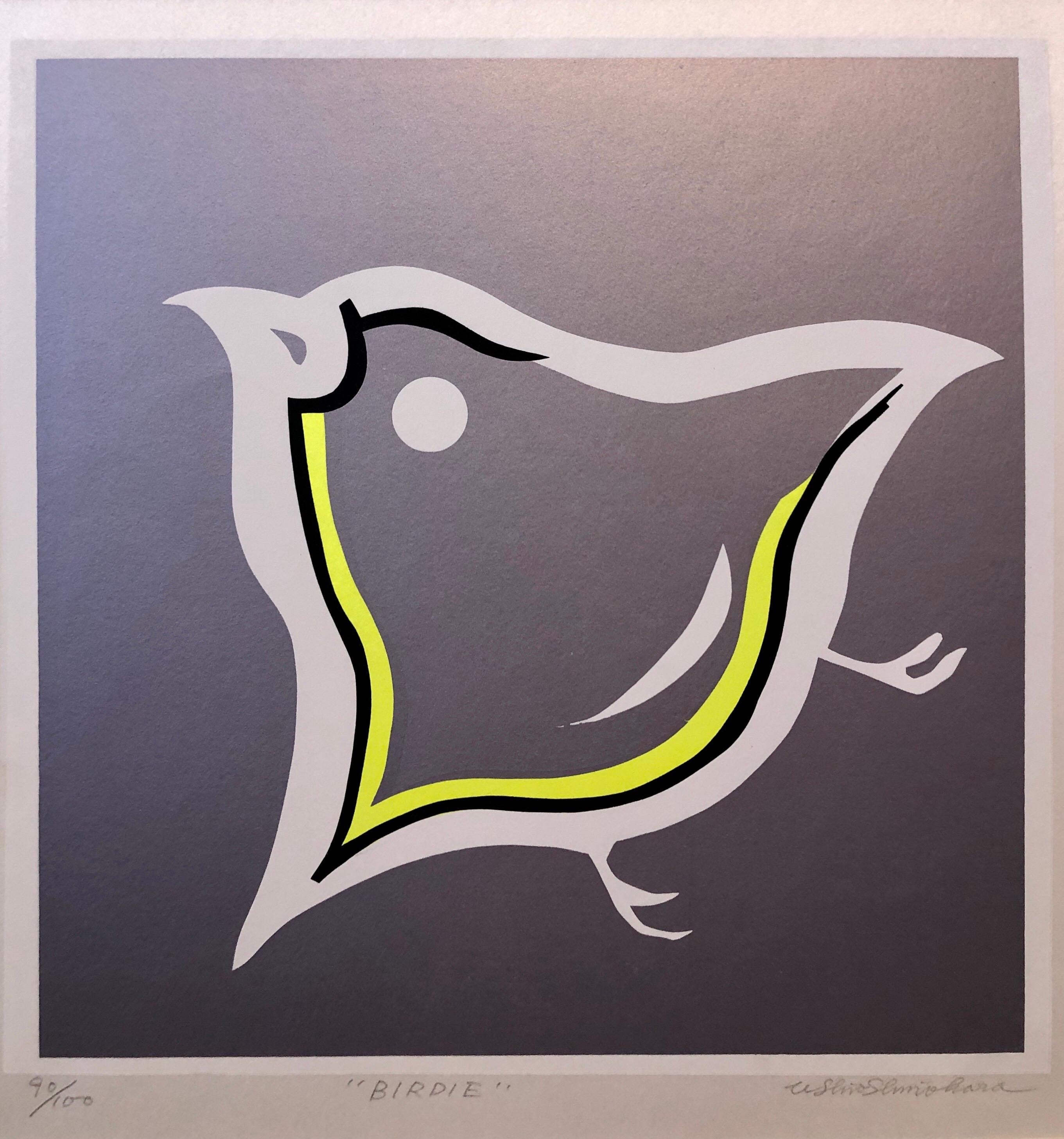 Silkscreen Day Glo Fluorescent Japanese Gyu-chan Neo Dada Art Print Birdie Litho - Gray Animal Print by Ushio Shinohara