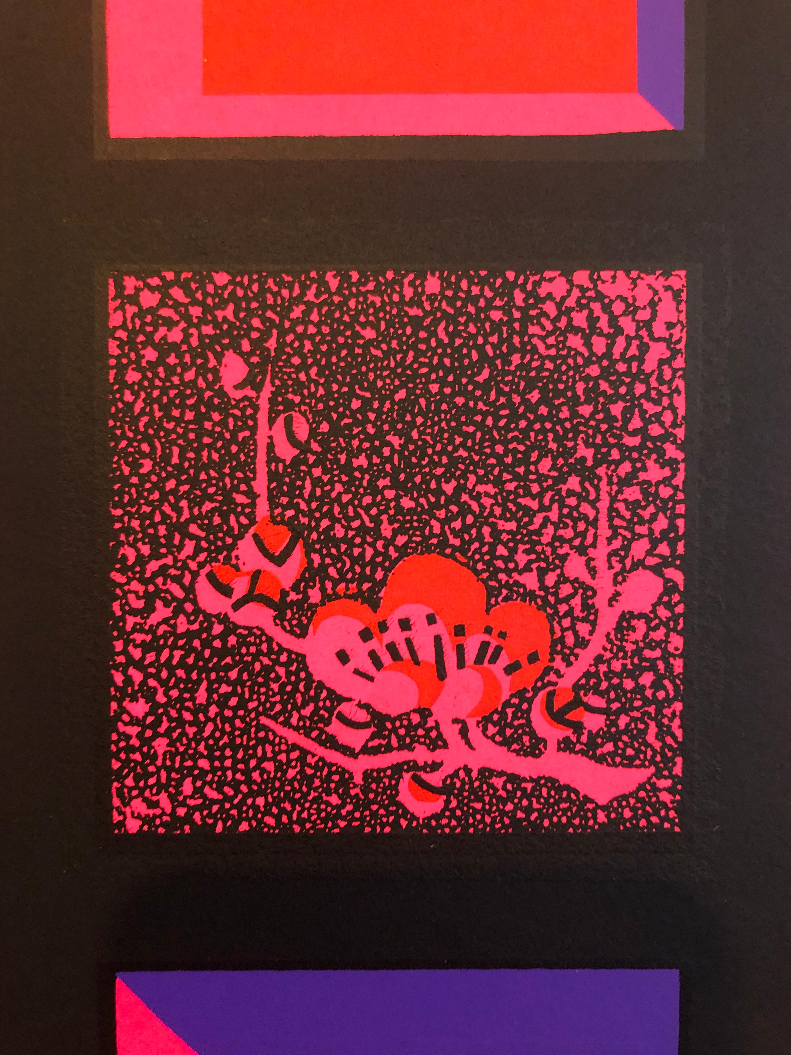 Sérigraphie en soie japonaise Gyu-chan Neo Dada imprimé Plum Tree Fluorescent Day Glo - Pop Art Print par Ushio Shinohara