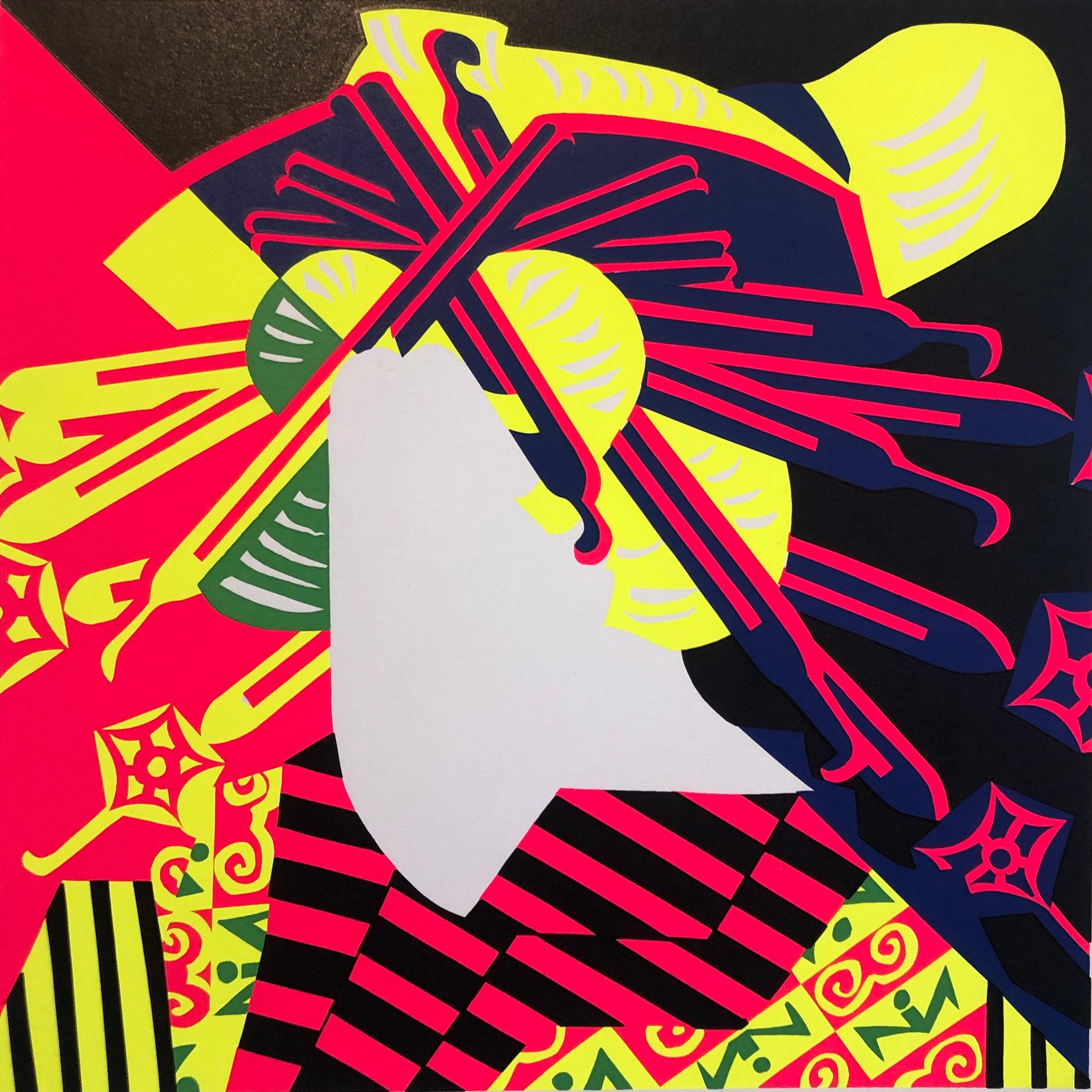 Siebdruck Oiran Day Glo Fluorescent 1960er Japanischer Pop Art Druck Geisha Kimono aus Seide – Print von Ushio Shinohara