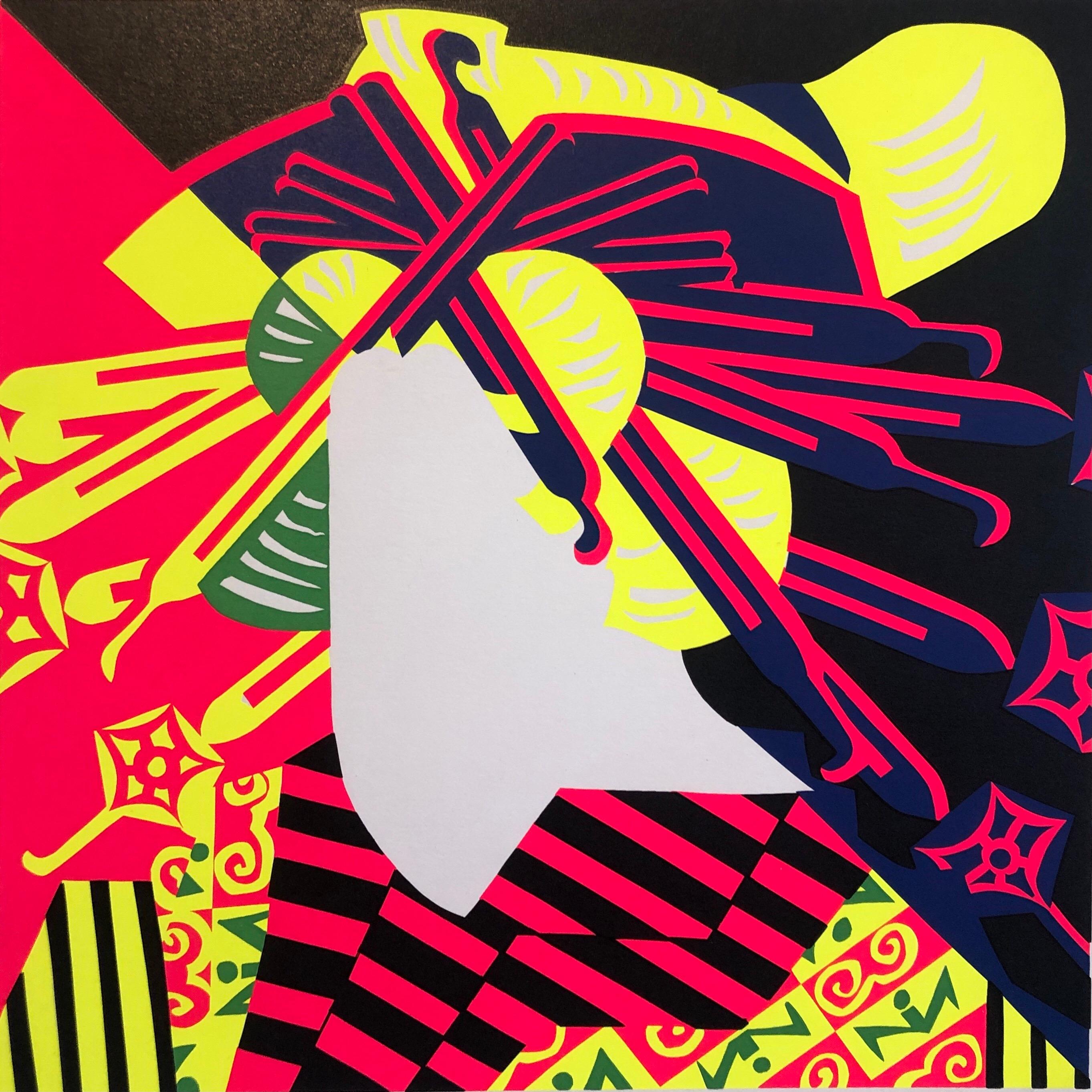 Silkscreen Oiran Day Glo Fluorescent 1960's Japanese Pop Art Print Geisha Kimono - Yellow Portrait Print by Ushio Shinohara