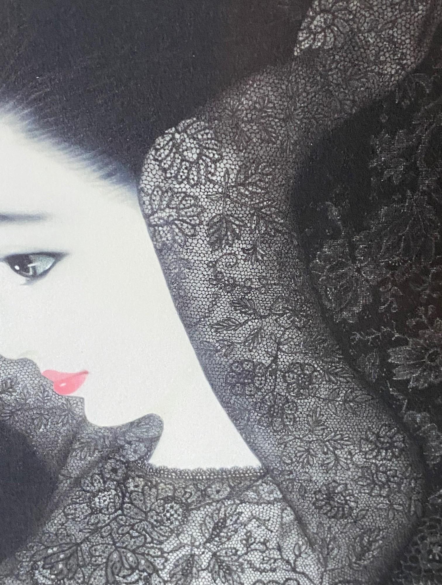 Bois Impression japonaise Mezzotint signée Ushio Takahashi représentant une belle femme « Reflecting » en vente