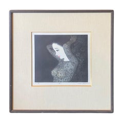 Ushio Takahashi Signed Japanese Mezzotint Print of Beautiful Woman "Reflecting"