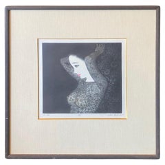 Ushio Takahashi Signed Japanese Mezzotint Print of Beautiful Woman "Reflecting"