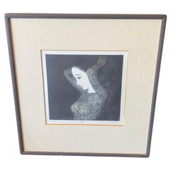 Vintage Ushio Takahashi Signed Japanese Mezzotint Print of Beautiful Woman "Reflecting"