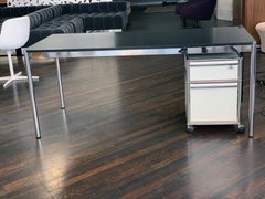 USM Black Oak Haller Desk and White Haller Mobile Pedestal with Flo lamp