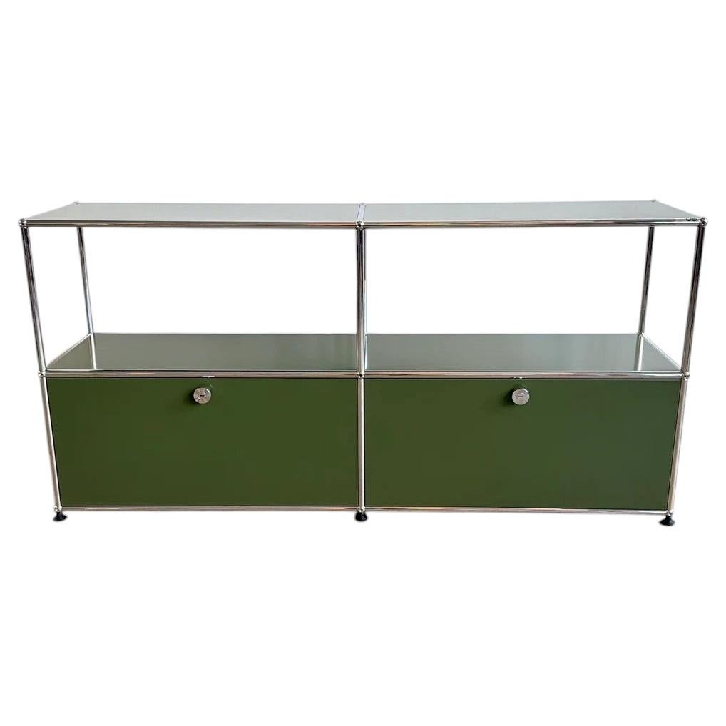 USM Haller 2x2 Media Console, Olive Green, Open Upper + 2 Soft-Close Doors, 1960