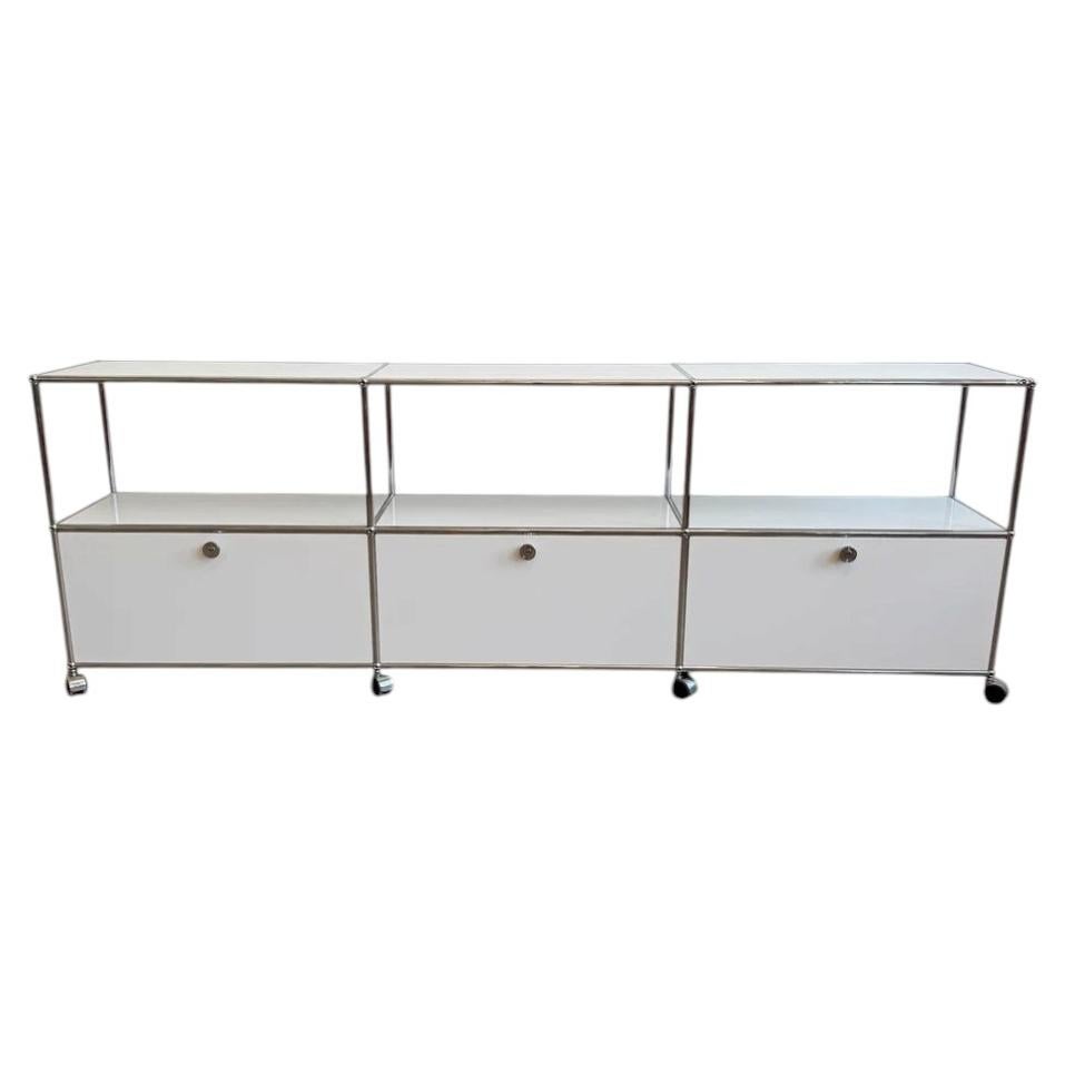 USM Haller 3x2 Console with Casters – Pure White, Three Drop-Down Doors, 1960s For Sale