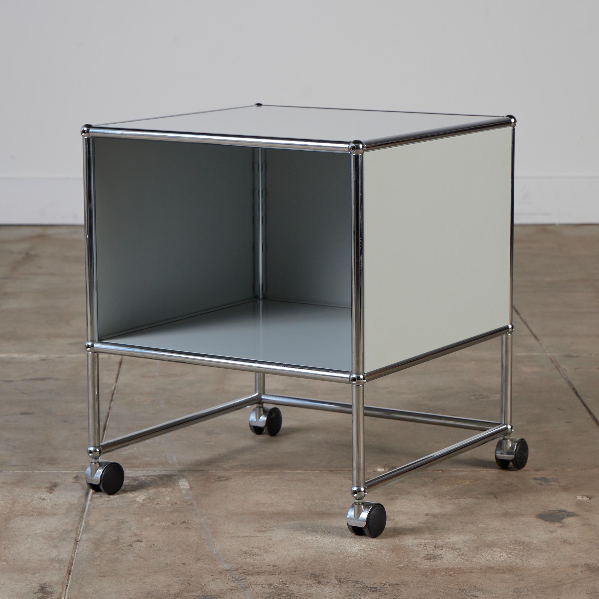 Architect Fritz Haller was commissioned by USM Modular Furniture in the 1960s to create a USM Haller file cabinet. This storage cube, made in Switzerland, was created based on three basic construction elements; a ball, screw in connecting tubes and