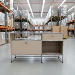 USM Haller Console O3 – Beige, Two Locking Drop-Down Doors, Elevated Base, 1960s