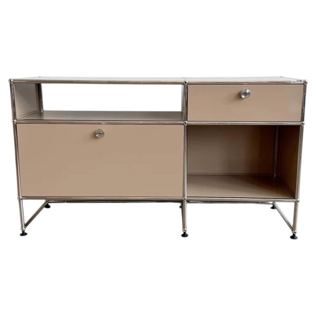 USM Haller Console O3 – Beige, Two Locking Drop-Down Doors, Elevated Base, 1960s For Sale