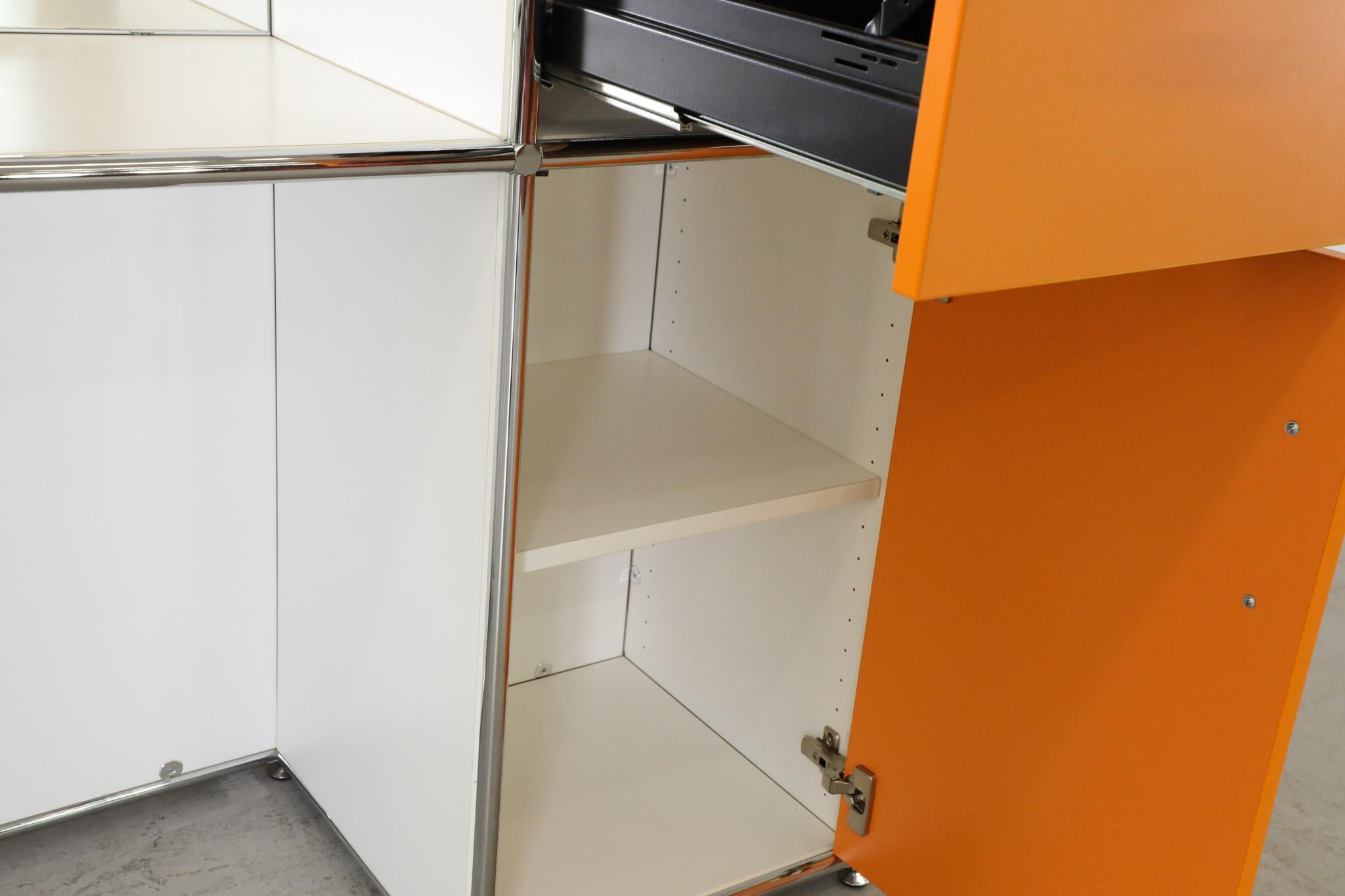 German USM Haller Inspired Orange, White & Chrome Vanity w/ Storage & Mirror by Bosse For Sale