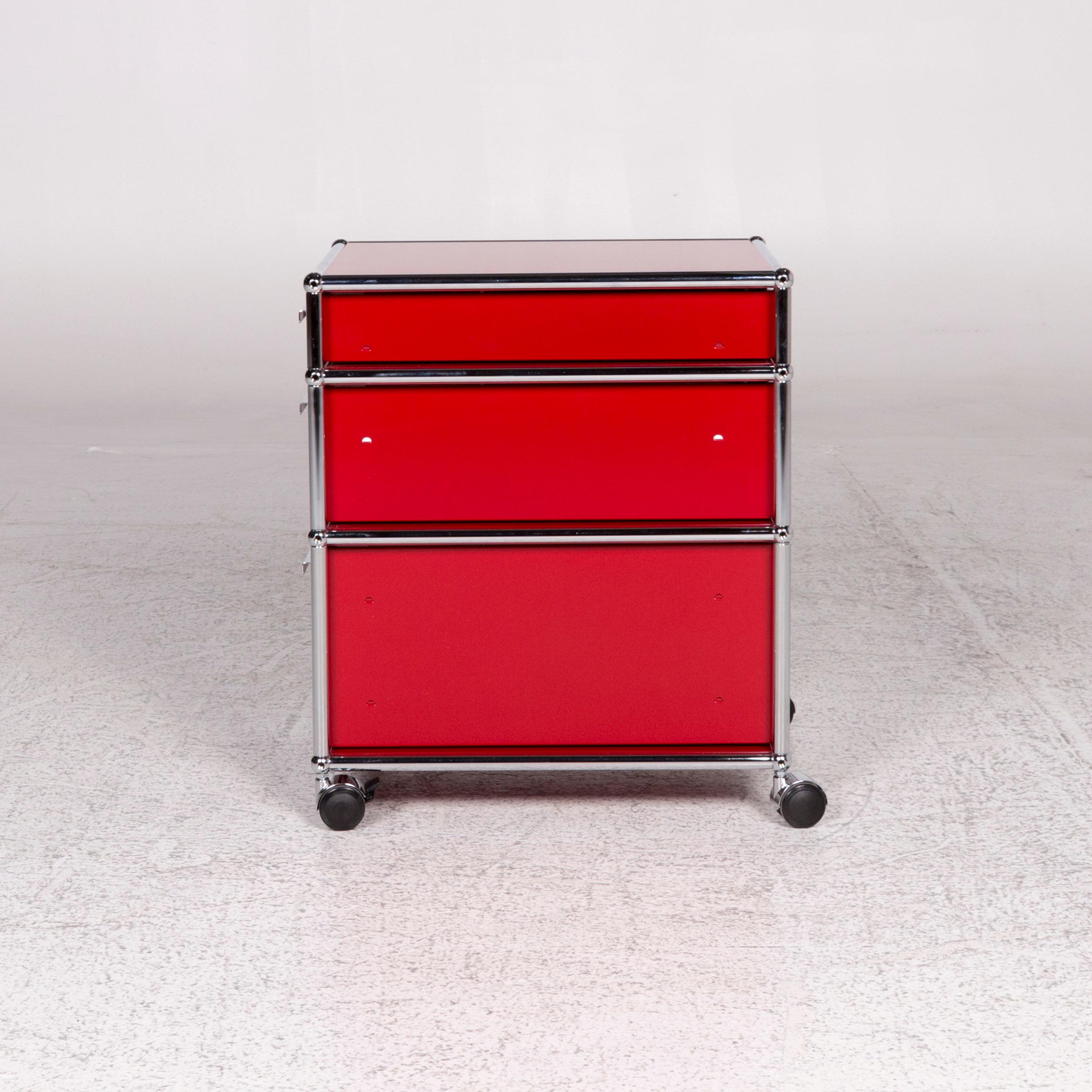 German USM Haller Metal Shelf Sideboard Rollcontainer Set 3 Drawers Red