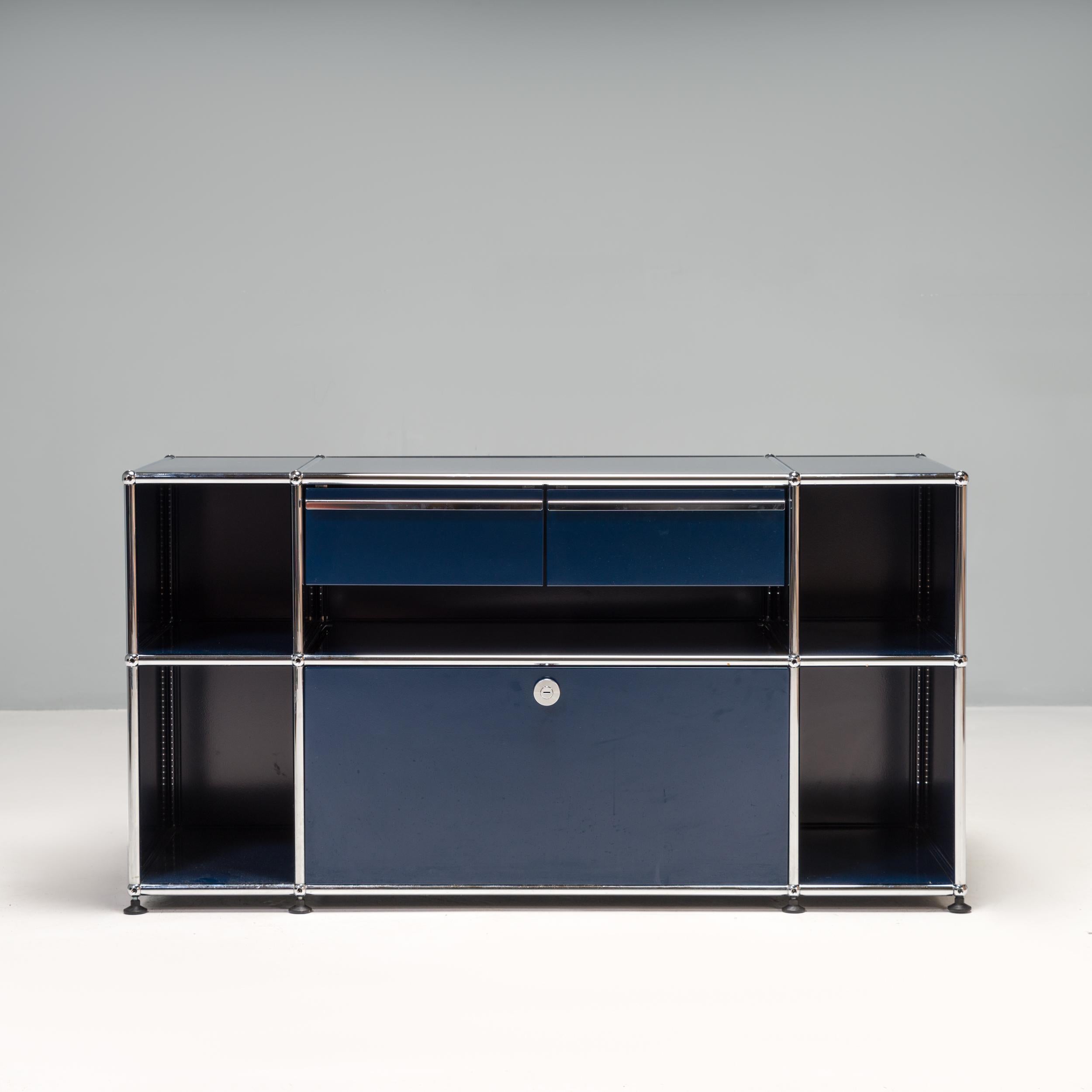 Originally designed in 1963 by Swiss architects Fritz Haller and Paul Schaerer, the USM Haller system is made up of different modules allowing for customisable storage solutions.

The sideboard is constructed from chrome plated steel tubular frame